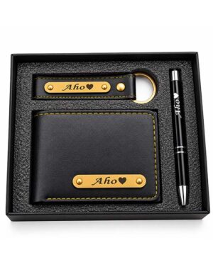 Personalized Men’s Black Leather Gift Set – Custom Engraved Wallet, Keychain & Pen Combo